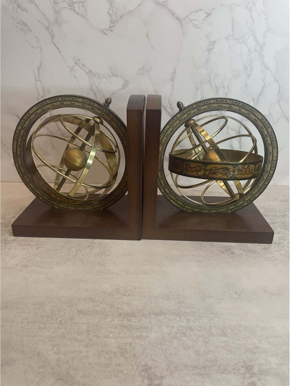 Vtg  Italian Brass Armillary Sphere Zodiac Climate Zones Wooden Base Bookends
